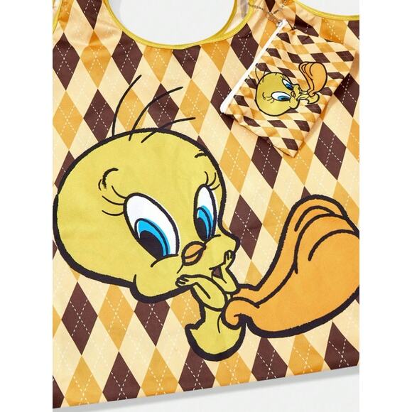 Looney Tunes Tweety Bird Yellow & Brown Checkered Reusable Tote Bag - Picture 1 of 5